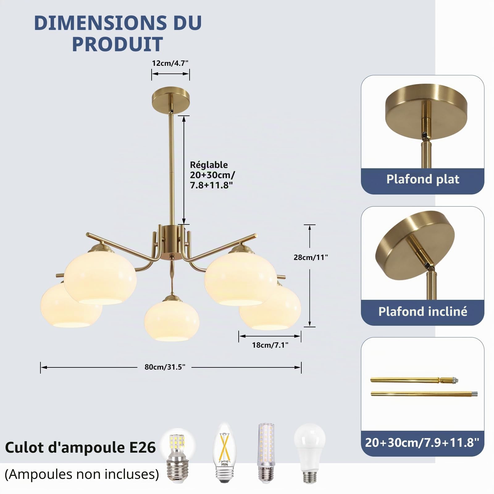 KCO Lighting Lustre à 5 lumières Globe Flush Mount Sputnik Luminaires modernes en suspension en laiton doré Appareil d'éclairage avec globe en verre laiteux Lustre pour l'îlot de cuisine