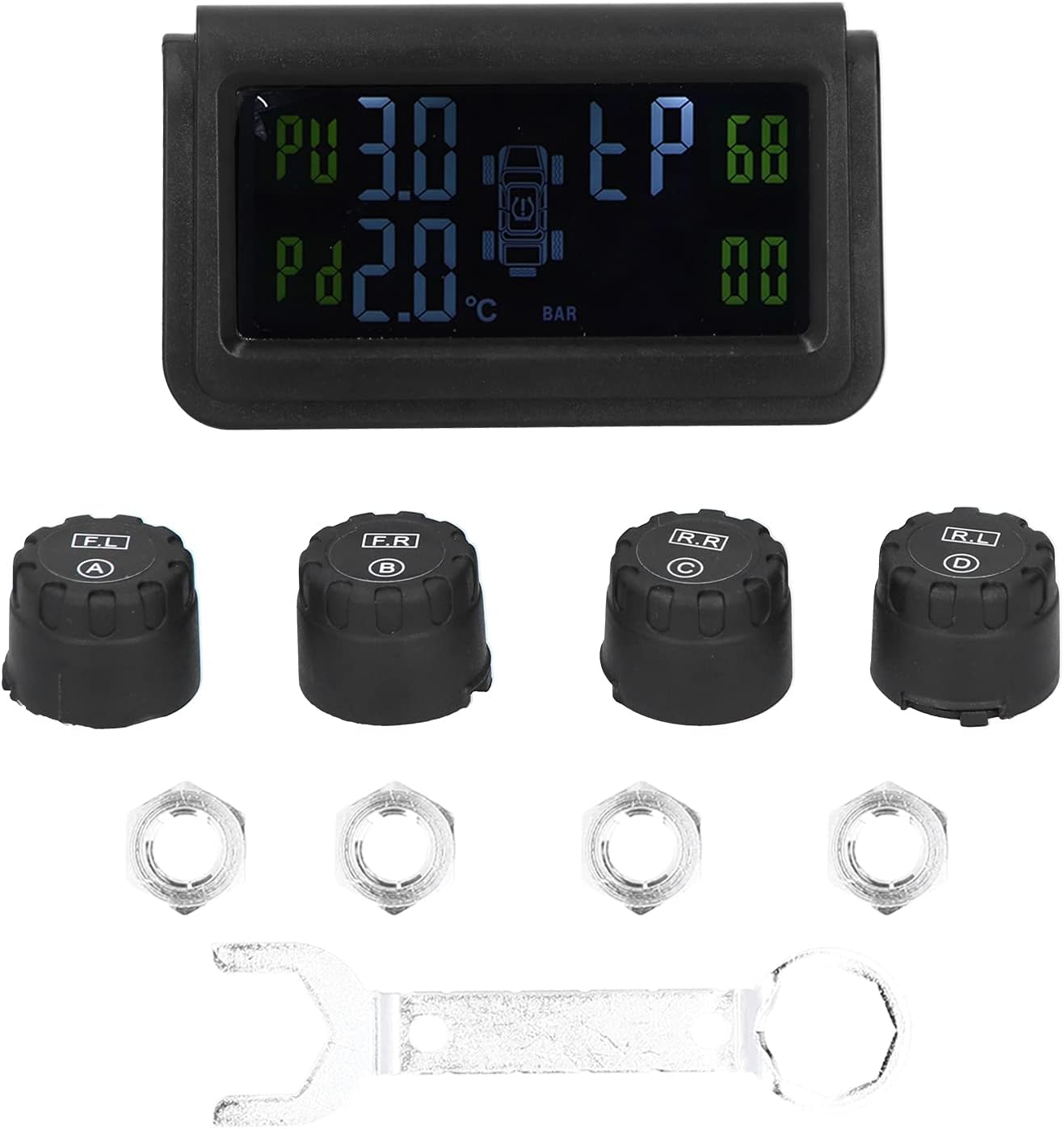 Monitor ciśnienia w oponach, energia słoneczna System monitorowania ciśnienia w oponach Wyświetlacz Dźwięk ostrzegawczy Tpms z 4 czujnikami Abs Dysza z włókna nylonowego z miedzi
