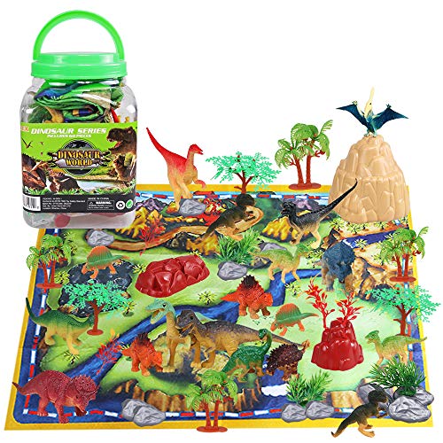 Dinosaur Toy Playset 60 Piece with 26 Educational Realistic Dinosaur Figures, Dinosaur Toy for Boys, Fabric Play Mat, T-Rex, Triceratops, Rocks, Mountain, Trees, Hills, Gift for Kids Girls Ages 3+