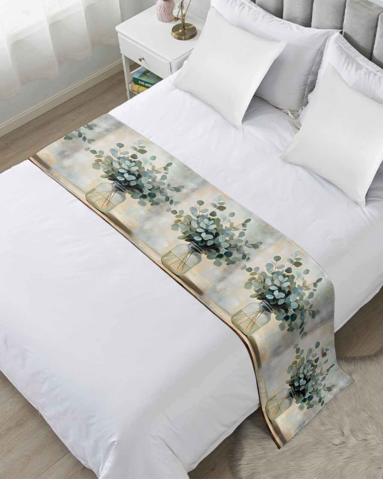 Green Eucalyptus Bed Runner for King Size, Botanical Leaves Spring Retro Art Bedspread Protector Slipcover Bed Scarf for Foot Runners & Scarves for Bedroom Hotel Wedding Room 102x20 Inches