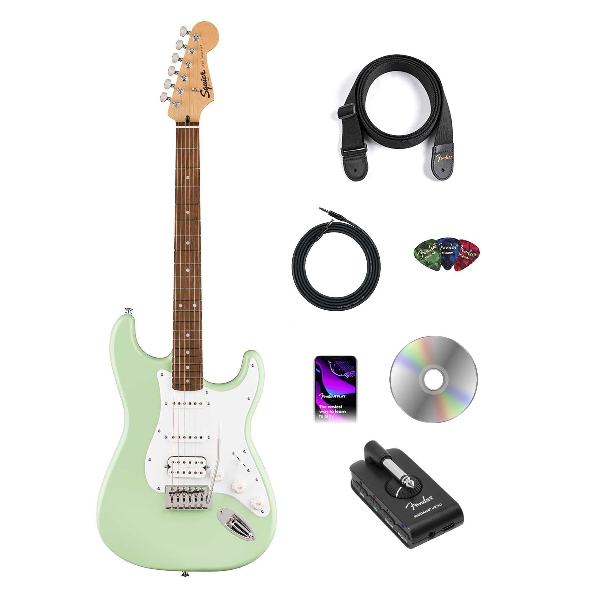 Fender Squier Sonic Stratocaster HSS - Surf Green Bundle with Fender Mustang Micro Headphone Amp, Cable, Strap, Picks, and Austin Bazaar Guitar DVD