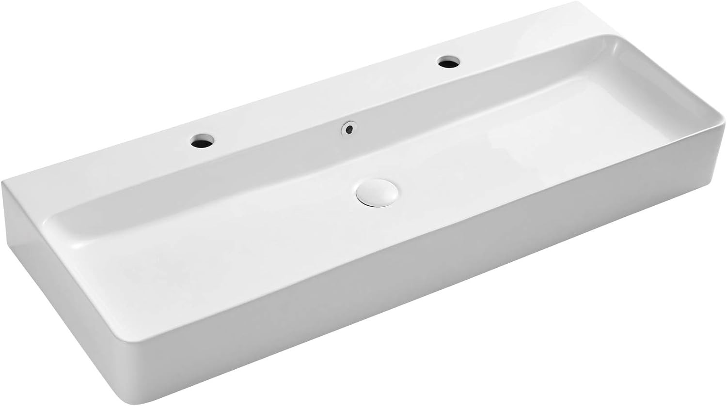 Close-up top-down view of the Eridanus sink, showing the two faucet holes and the central drain opening with overflow.