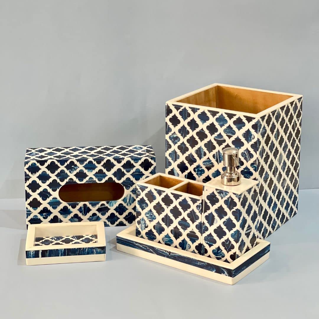 CASAGOLD Printed Wooden Bathroom Accessory Set | MDF Material | Wooden Printed Bath Accessory Set of 6 | 1 Soap Dispenser | 1 Soap Dish | 1 Toothbrush Holder | 1 Tray | 1 Tissue Box | 1 Dustbin