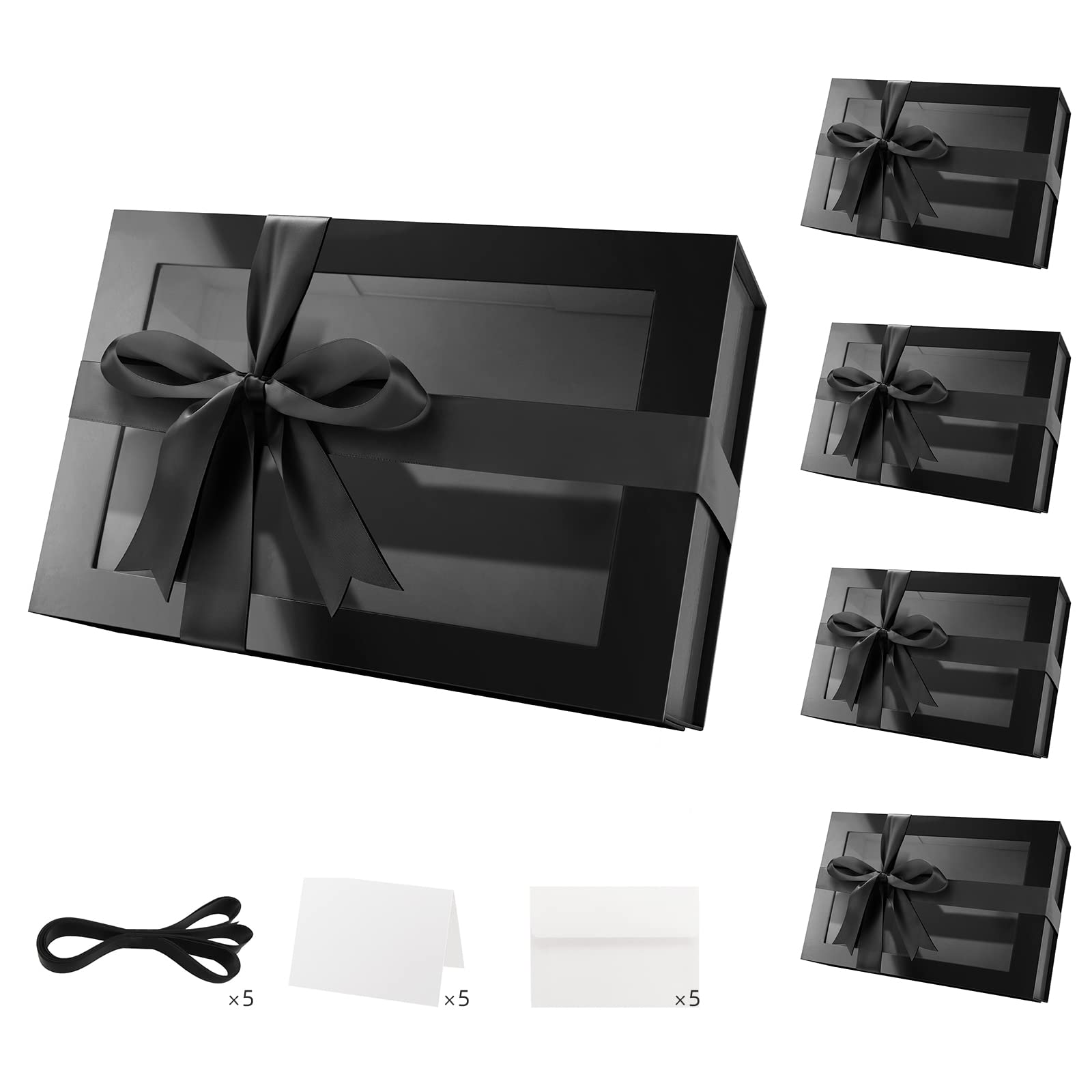PKGMAGIC 5 große Geschenkboxen schwarz mit Fenster für Vatertag, 35,6 x 24 x 11,4 cm, leere Geschenkboxen mit Deckel für Band, Karte, Boxen für Hochzeit, Geburtstag