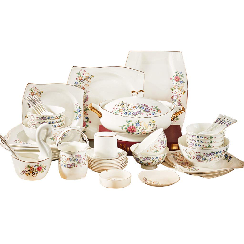Set di stoviglie in Ceramica con 50 Pezzi, Ciotola/Piatto/Cucchiaio|Set da tavola, Set Combinato in Porcellana con Motivo peonia Rossa