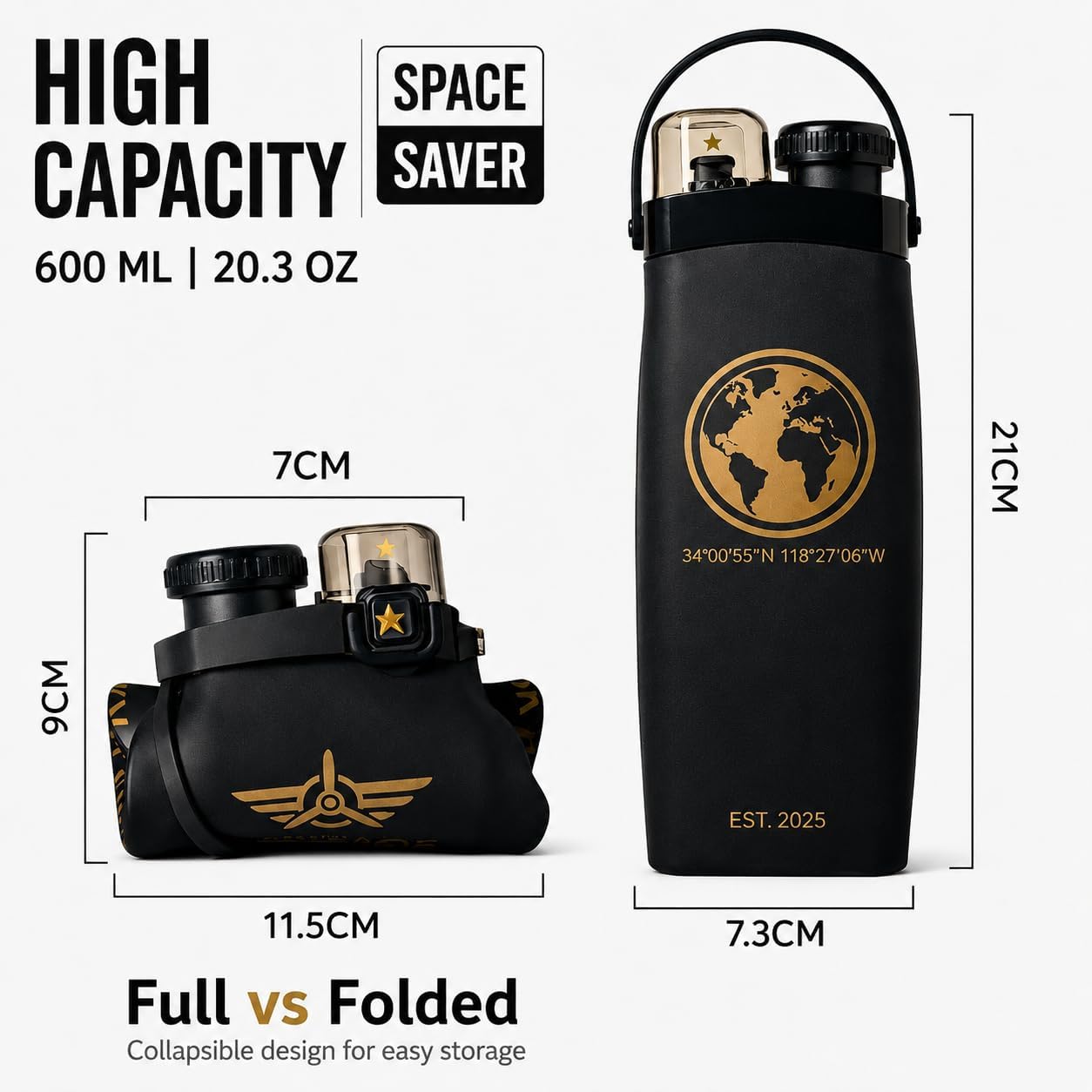 Air'tage Collapsible Travel Water Bottle (20oz) Leakproof, BPA-Free, Packable Silicone Bottle for Flights, Hiking & Travel