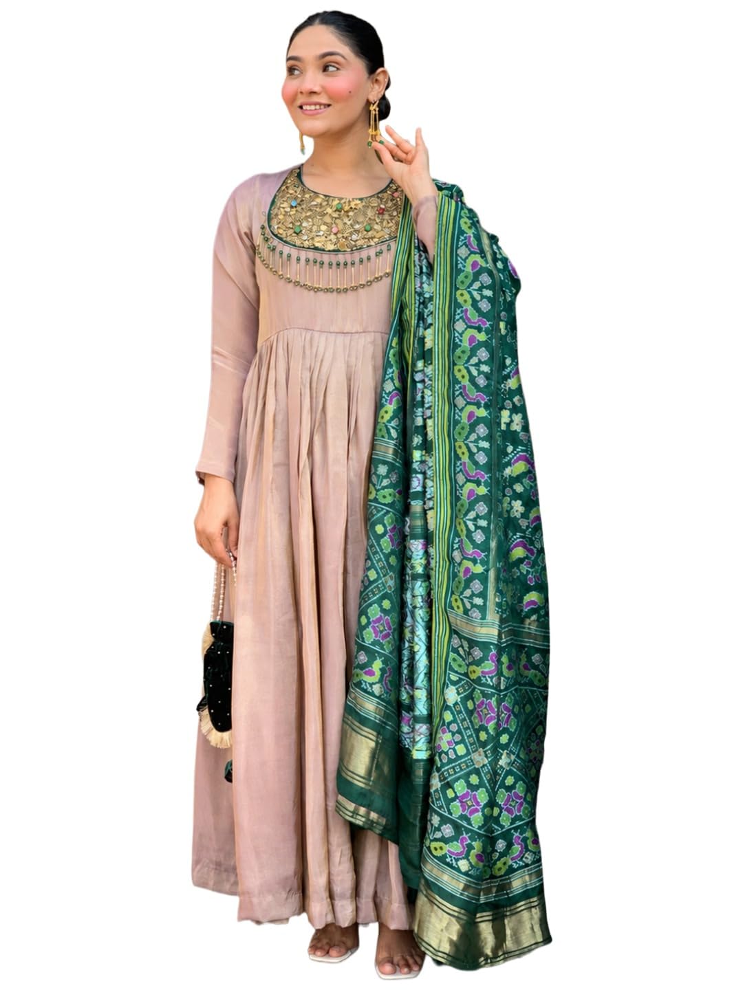 gosriki Kurta Set for Women Viscose Embroidered | Gown Kurta Pant Dupatta Set for Woman | Long Sleeve Round Neck Stylish Ethnic 3 Piece Outfit Trendy Women Clothing-picture-39