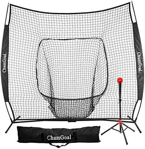 ChamGoal 7'X7' Baseball Softball Tee and Net Combo,Softball Baseball Net and Tee for Hitting and Pitching, 3 Color Baseball Backstop Softball Practice Equipment with Weighted Ball(Black)
