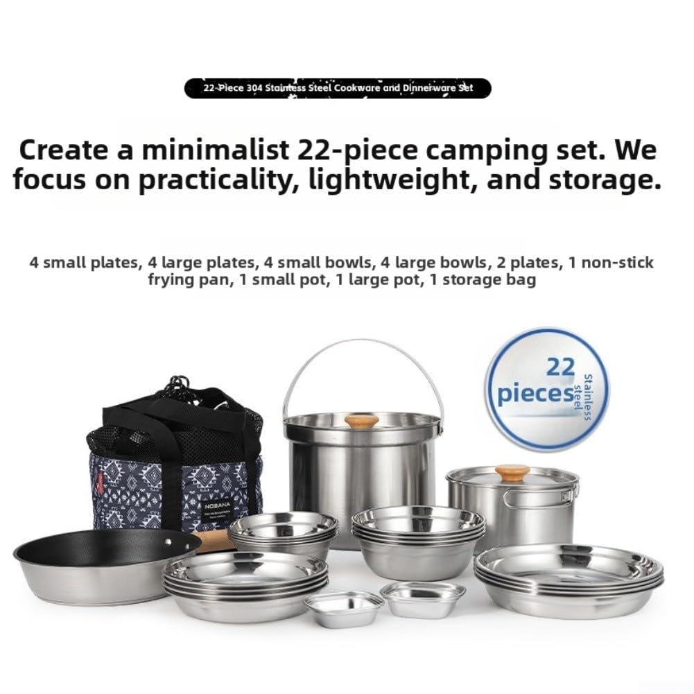 Juego de utensilios de cocina de camping de 22 piezas, kit de olla portátil de acero inoxidable 304 con sartén antiadherente y mango plegable, equipo de cocina al aire libre para senderismo, picnics