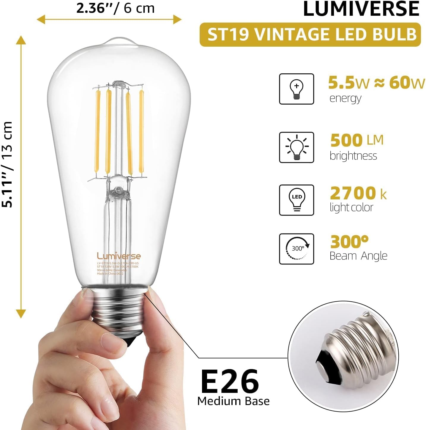 16 Pack ST19 Dimmable LED Edison Bulb, 5.5W (60W Equivalent), 500LM, CRI 95+, 2700K Soft White, E26 Medium Base, Vintage Filament, Clear Glass, Standard Type A Lamp, for Kitchen, Bathroom, Bedroom