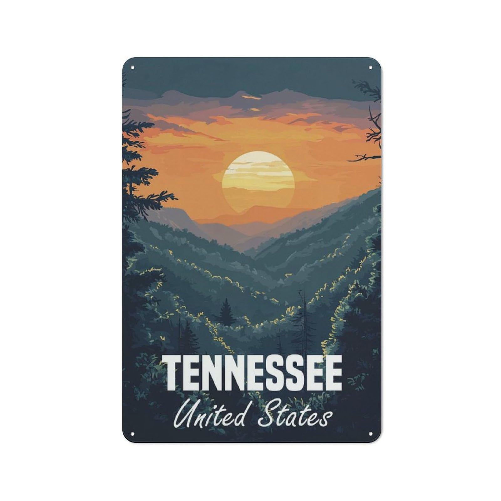 Decorative Metal Plaque with Tennessee Sunset Landscape Design 30x20cm, Warehouse Style Loft Wall Plaque for Flat, Bar, Studio Or Gallery Wall