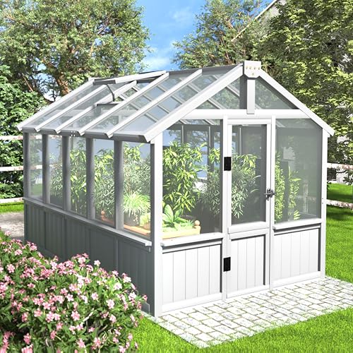 Image of MUPATER 6 x 10 FT Cedar Wood Greenhouse for Outdoors, Outdoor Greenhouse With Polycarbonate Panels, Adjustable Vent Windows and Lockable Door, Wooden Walk-In Green House Kit for Garden, Lawn, Backyard