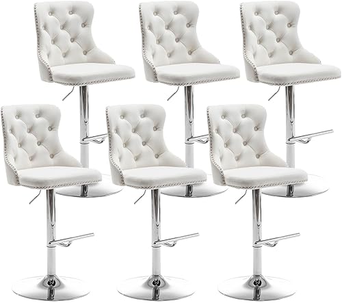 Miniatura 10 de Juego de 2 taburetes de bar de terciopelo, taburetes de bar giratorios de altura de mostrador con ribete de cabezas de clavos y botón, taburetes de