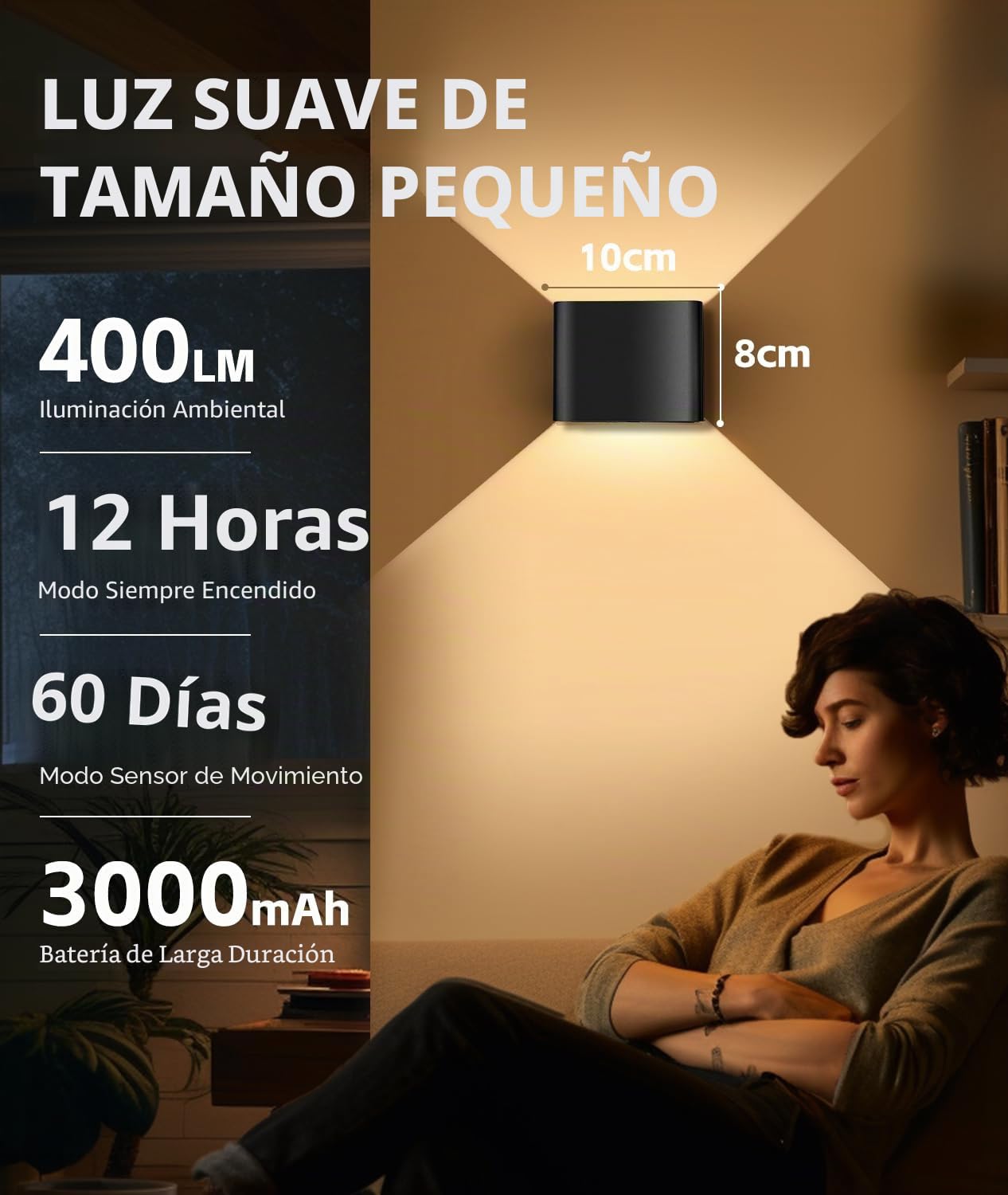 GeyouLux 2 Piezas 3000mAh Aplique Pared Interior Con Sensor de Movimiento 5W 3000K Lamparas Pared sin Cable Lampara de Pared Magnetica Recargable por USB con 3 Modos Para Escaleras, Dormitorios Negro | 3 Modos Magnético, Lámpara de Pared USB-C Sin Conexió
