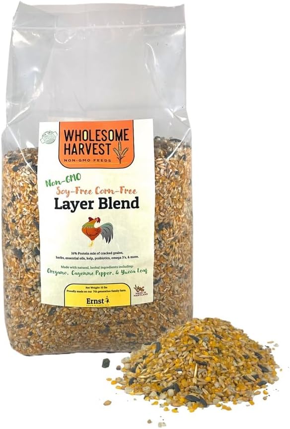 WholesomeHarvest Soy & Corn Free 16% Whole Grain Layer Feed for Chickens & Ducks - Non-GMO, Herbs, Probiotics, Omega 3, 10lb