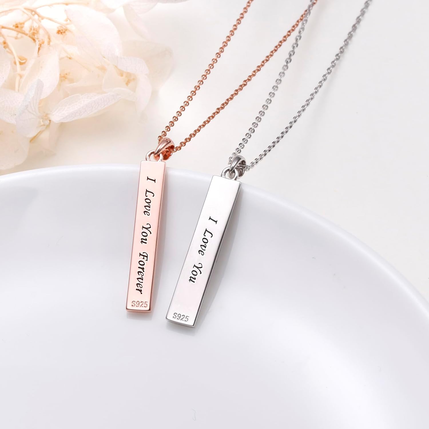 Couple Necklace Set Sterling Silver Bar Matching Necklace for Couples Her King His Queen Rose Gold/Black/Silver Necklaces Anniversary Romantic Gifts - Image 4
