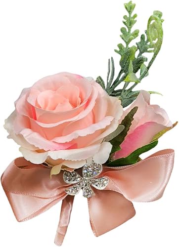 Abbie Home Broche de ramillete de muñeca con diamantes de imitación para decoración de lazo de traje, decoración de lazo para fiesta, boda (rosa