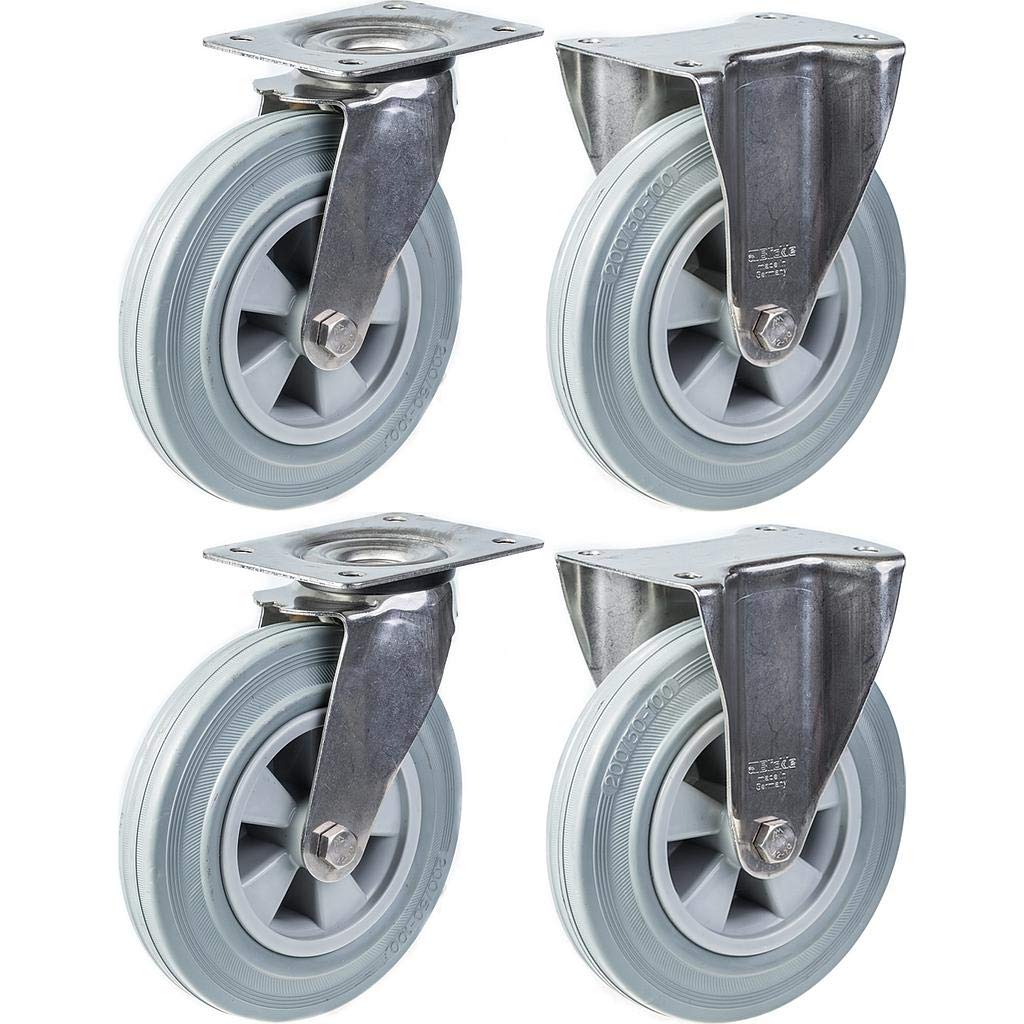 Roulettes en acier inoxydable de 200 mm (8 pouces) avec bandage en caoutchouc gris, pivotantes et fixes, charge maximale de 820 kg, lot de 4