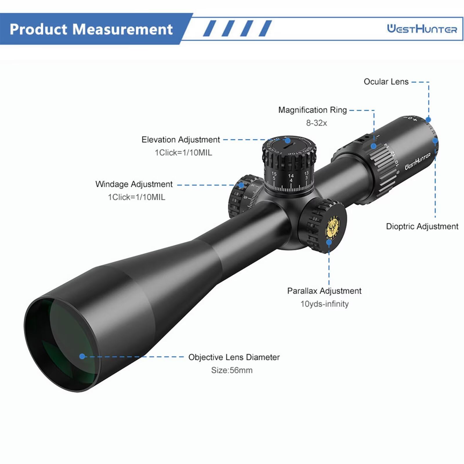 WestHunter Optics HD GEN2 8-32x56 FFP - Lunette de Visée de Précision et Compétition, Tube de 34 mm, Premier Plan Focal, Réticule en Verre Gravé, Lunette Tactique 1/10 MIL avec Zero Stop