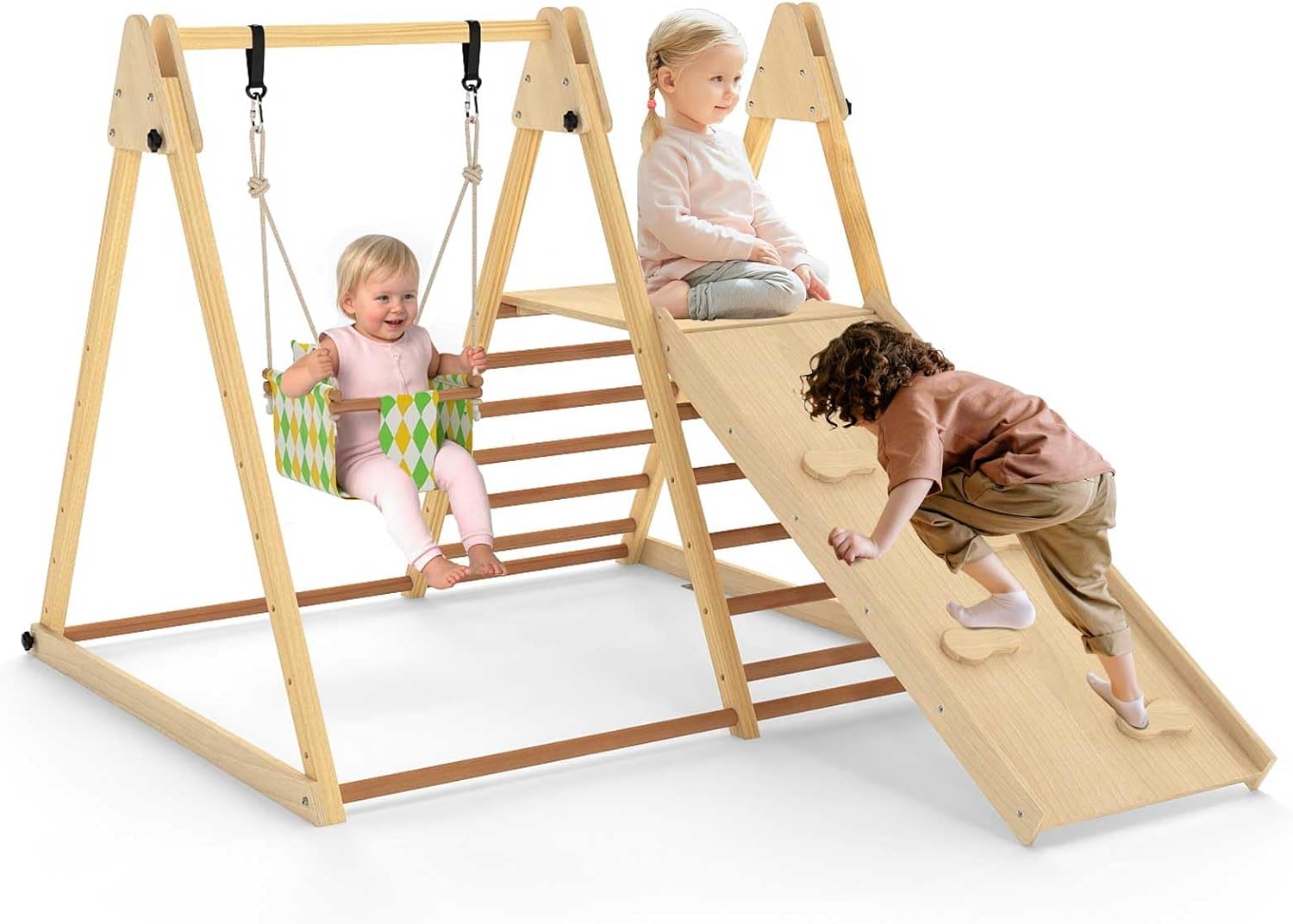 OLAKIDS Indoor Jungle Gym, 3 in 1 Wooden Foldable Montessori Toddler Climbing Toys with Adjustable Baby Swing Ramp Ladder