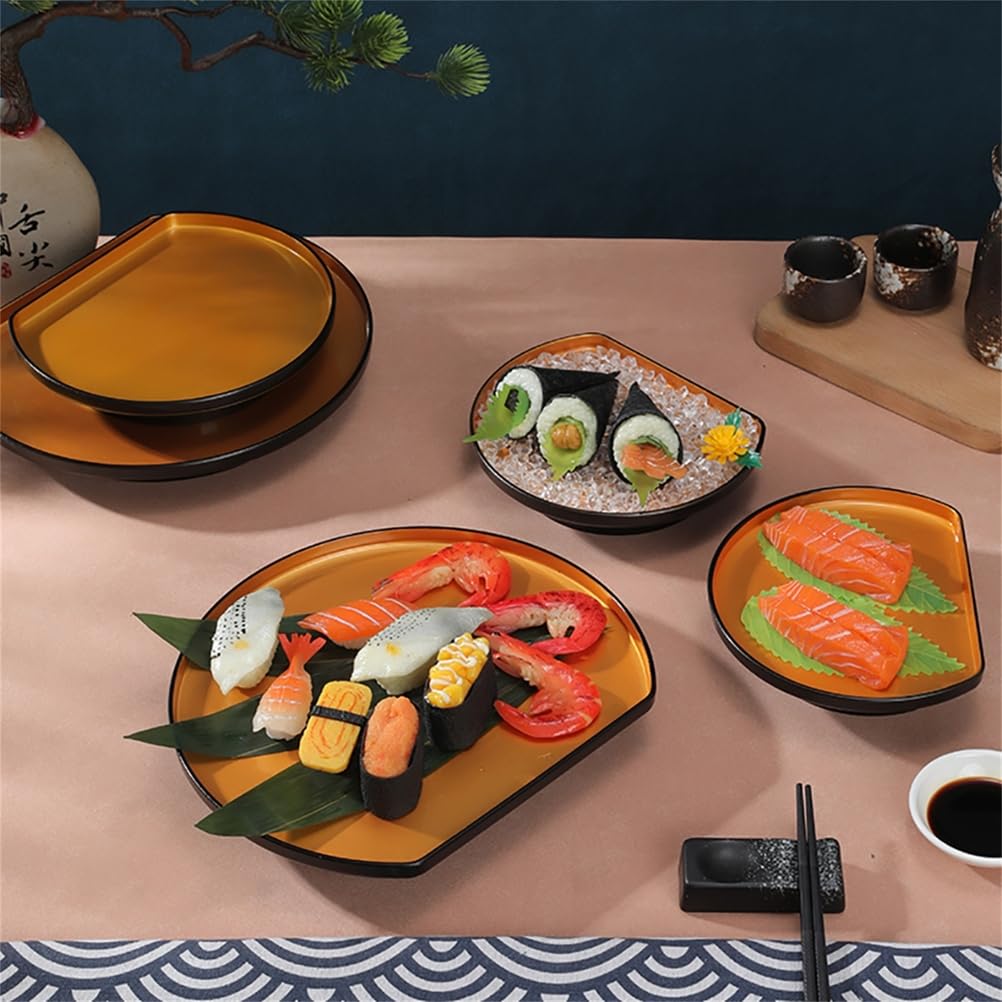 Japońska taca na sushi Half Moon z melaminy | złoty ekspozytor do gotowania w tempurze, podwyższona antypoślizgowa podstawa, serwer do deserowych sashimi z owocami morza