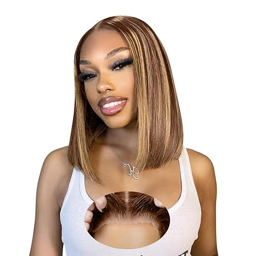 EAGERA Blonde Highlight Glueless Bob Human Hair Wigs 9x6 HD Closure Lace Ombre Human Hair Wigs Pre Plucked Pre Cut 18Inch 4/27 Bob Glueless Wig Brown and Blonde Wear and Go Wig 220% Density