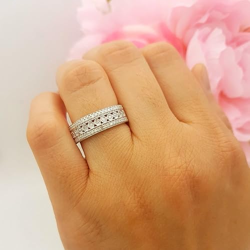Miniatura 3 de Dazzlingrock Collection Anillo de boda redondo de triple fila gruesa para mujer, con piedras preciosas y diamantes, disponible en oro de 10K14K18K