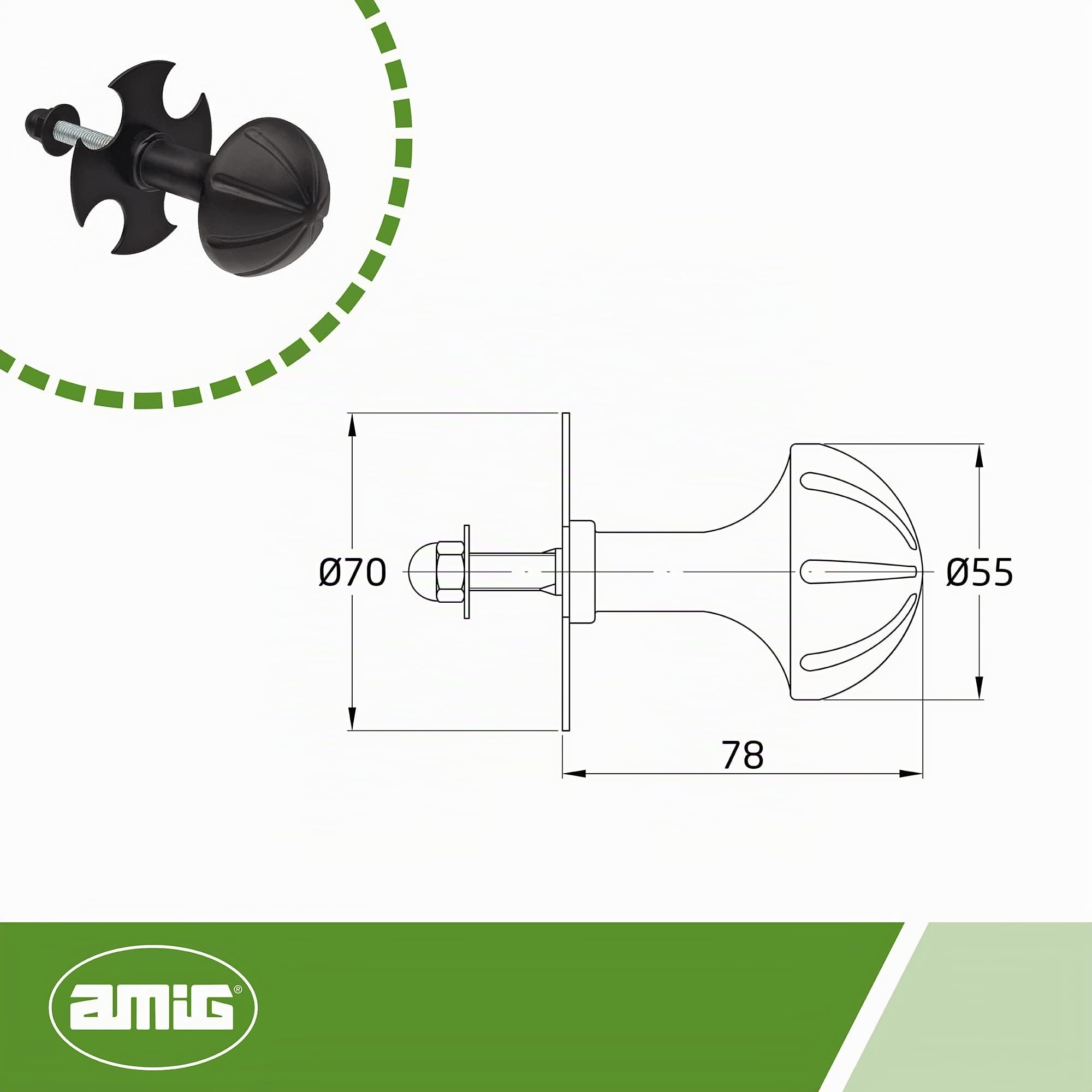Amig - Pomello | Fisso e con rosetta | Ø 55 mm | Finitura semplice ed elegante | Ideale per tutti i tipi di porte interne | Piastra in acciaio e pomello in Zama nero