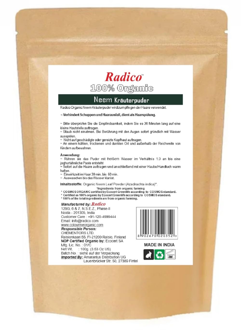Radico | 100% Organic Neem Leaf Powder | Haarreinigung und Haarpflege | Antibakteriell | Gegen fettige Kopfhaut und Schuppen | Ayurvedische Haar Kräuterpackung | Vegan | 5 x 100 g