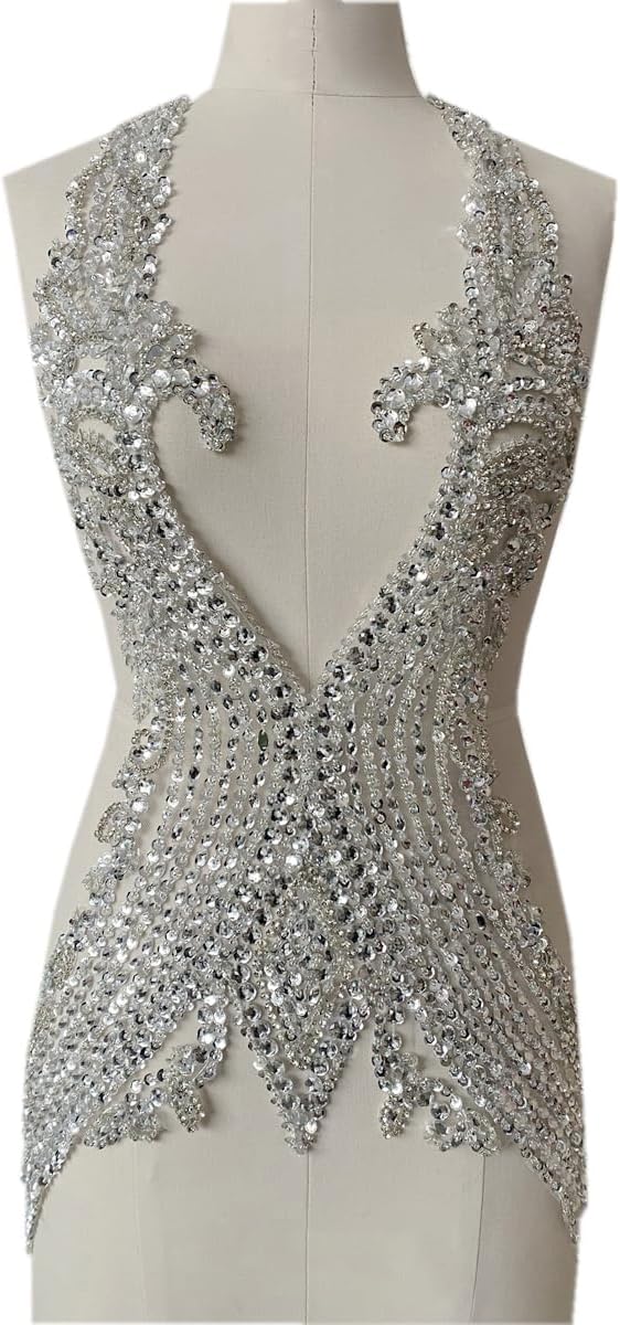 Pure Hand Sewing Beads Applique Rhinestones Trim Patches Shiny Cloth Accessories 15X26in (Champagne)