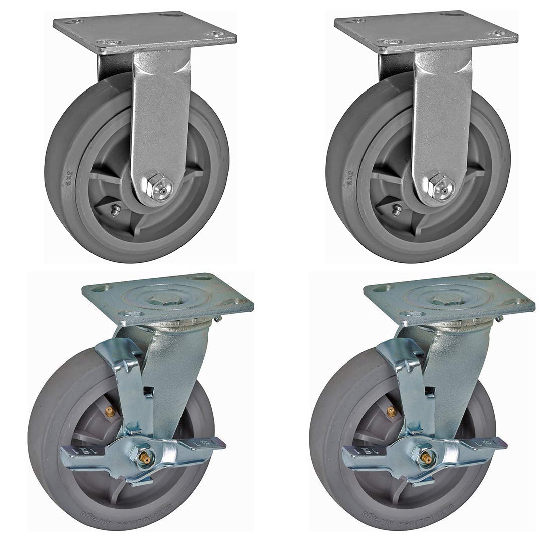 ICON Caster Wheels 6660 Series 6" Mirage Rubber Heavy Duty Caster, Set of 2 Swivel Top Lock Brake - 2 Rigid Top Plate | Load Capacity 500 LB per, 2000 Capacity per Set (Gray)