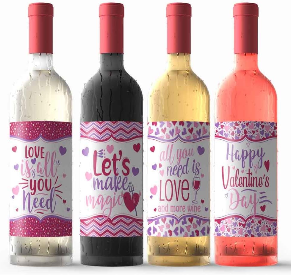 Happy Valentine's Day Love Themed Waterproof Wine Bottle Sticker Wrappers, 4 3.75