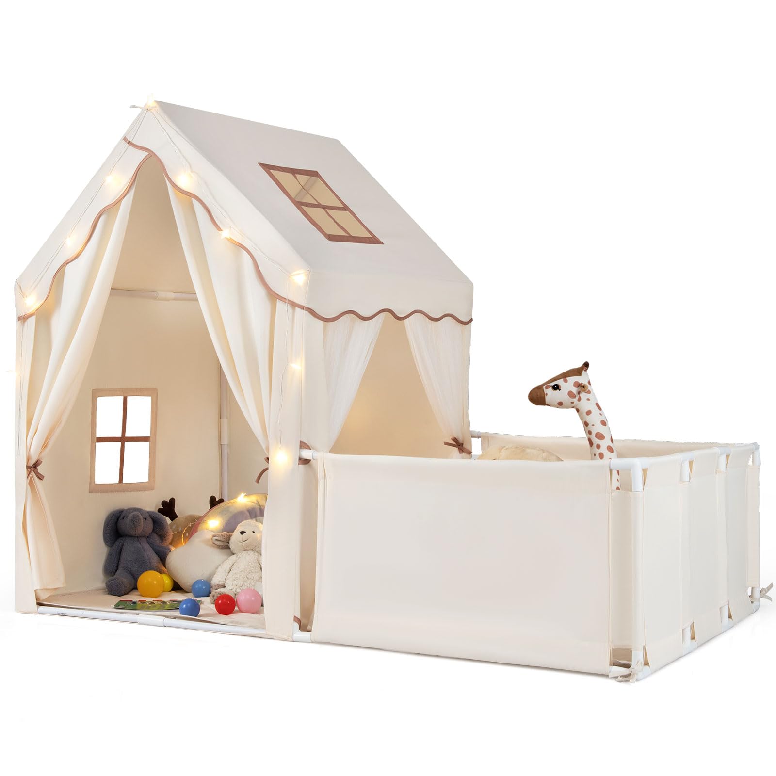 GOPLUS Tienda de Campaña Infantil con Parque, tipi Infantil Interior 2 en 1 con Patio, Luces Estrelladas, Alfombra de Algodón Lavable, Cortinas, Ventanas, Tienda de Juegos para Niños de 3+ Años (Café)