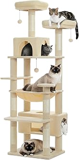 PAWZ Road Large Cat Tree, 72 Inches Cat Tower for Large Cats, Cat Condo with Sisal-Covered Scratching Posts and Pads, 2 Padded Perch, Dual Condo and Basket for Indoor Cats-Beige