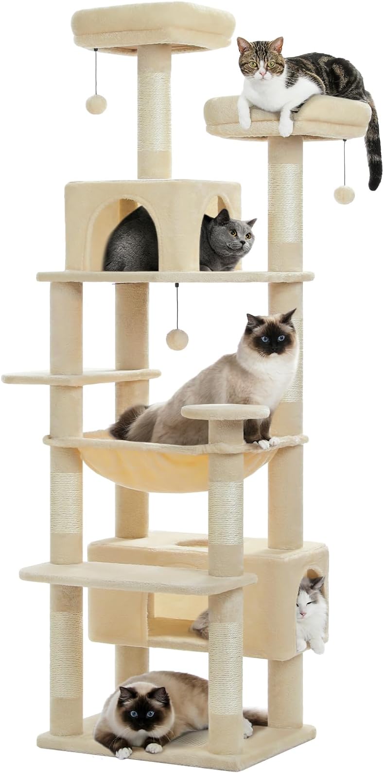 Large Cat Tree, 72 Inches Cat Tower for Large Cats, Cat Condo with Sisal-Covered Scratching Posts and Pads, 2 Padded Perch, Dual Condo and Basket for Indoor Cats-Beige