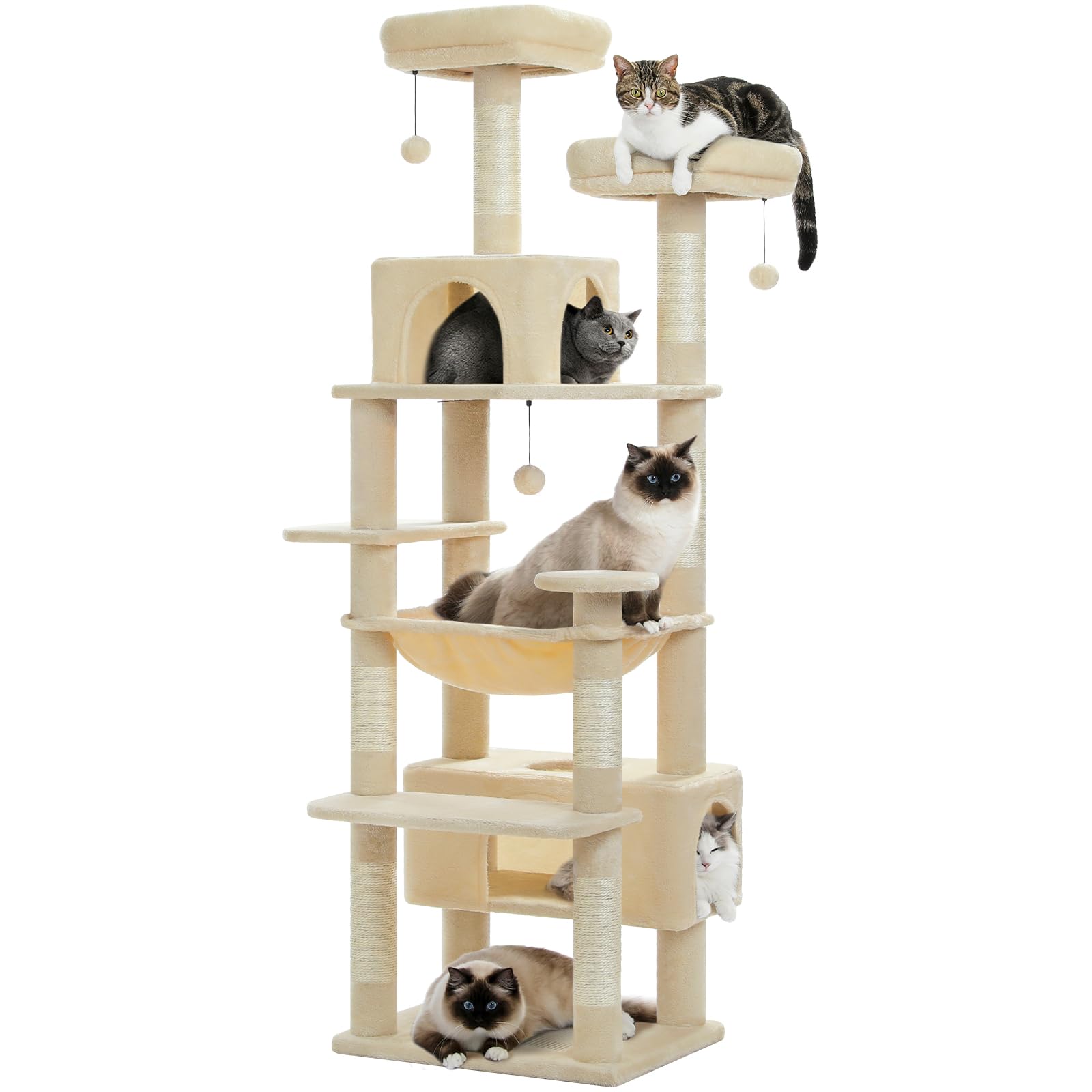 PAWZ Road Large Cat Tree, 72 Inches Cat Tower for Large Cats, Cat Condo with Sisal-Covered Scratching Posts and Pads, 2 Padded Perch, Dual Condo and Basket for Indoor Cats-Beige