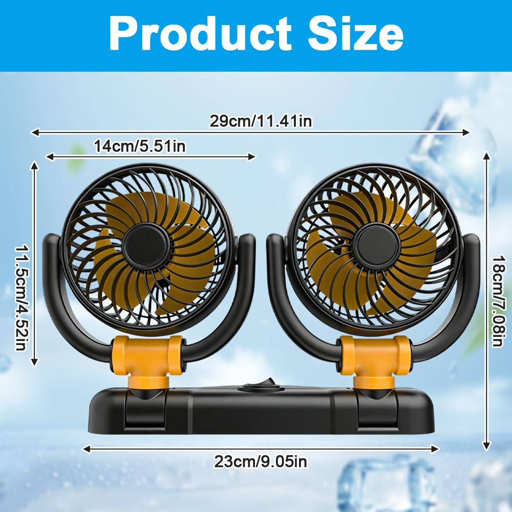 Mineup Ventilatore Auto 12V, Ventilatore Auto Doppia Testa, Ventilator 360° Ruotabile Portatile Con 2 Velocità, Alimentate Tramite Accendisigari, Per Cruscotto Aut Furgone SUV RV Barca