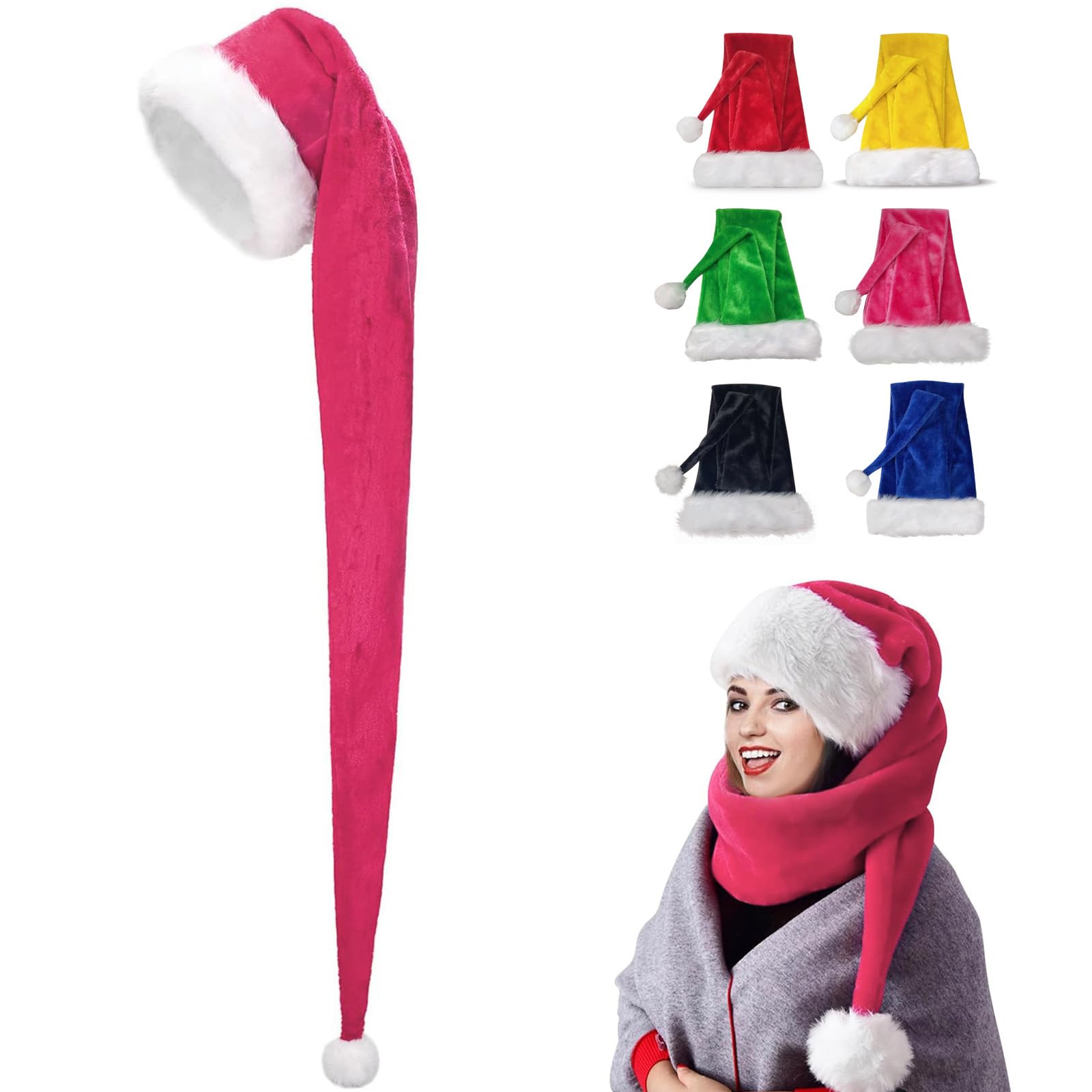 150cm Christmas Hats Santa Hat for Adults,Long Deluxe Velvet Xmas Santa Claus Hat,Unisex Velvet Comfort Christmas Party Hat Thicken Classic Fur for New Year Festive Christmas Party Supplies(Pink)