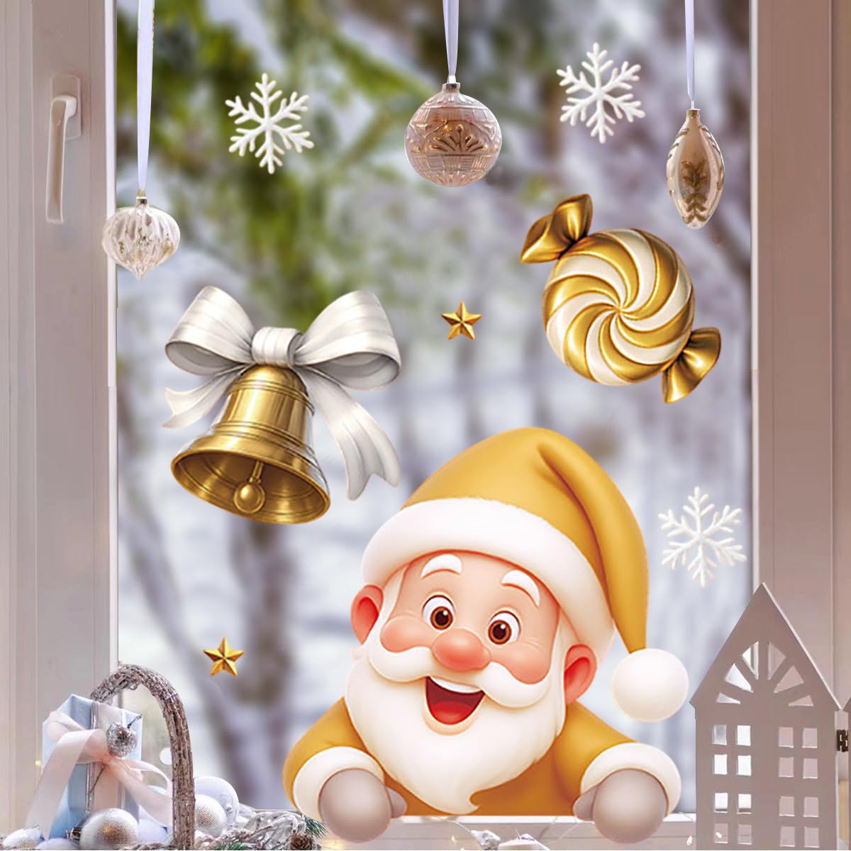 2 Bögen goldene Weihnachts-Fensteraufkleber, groß, Winter-Fensteraufkleber, Weihnachtsmann, Elch, Glocke, Süßigkeiten, Lebkuchenmann, Designs, doppelseitige Schneeflocken-Fensteraufkleber für Urlaub