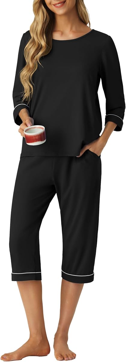 PrinStory Conjuntos de pijama para mujer Capri Pjs Soft Lounge Sets XS-4XL | Camiseta de manga 3/4 y pantalón capri con bolsillos, tela transpirable y elástica, pijama pequeño de 2 piezas, ropa de dormir suave