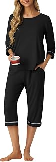 PrinStory Womens Pajama Sets Capri Pjs Soft Lounge Sets XS-4XL | 3/4 Sleeve Top and Capri Pants with Pockets, Breathable and Stretchy Fabric, 2 Piece Petite Pajamas, Soft Sleepwear