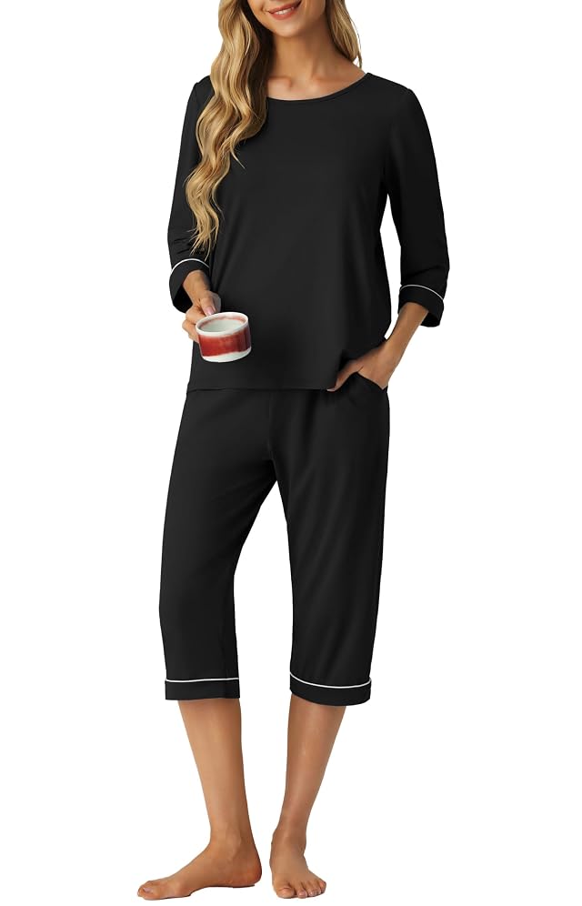 PrinStory Womens Pajama Set Capri Pjs Sets 2 Piece Soft Lounge Sets Sleepwear with Pockets