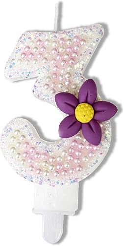 Vela rosa número 3, perla rosa número 3 con flor morada para decoración de tartas, velas de cumpleaños número 3, suministros de fiesta