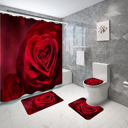 LYFANS Cortina de ducha impermeable con alfombrilla de baño antideslizante, cubierta de tapa de inodoro para baño, juegos de cortinas de bañera con