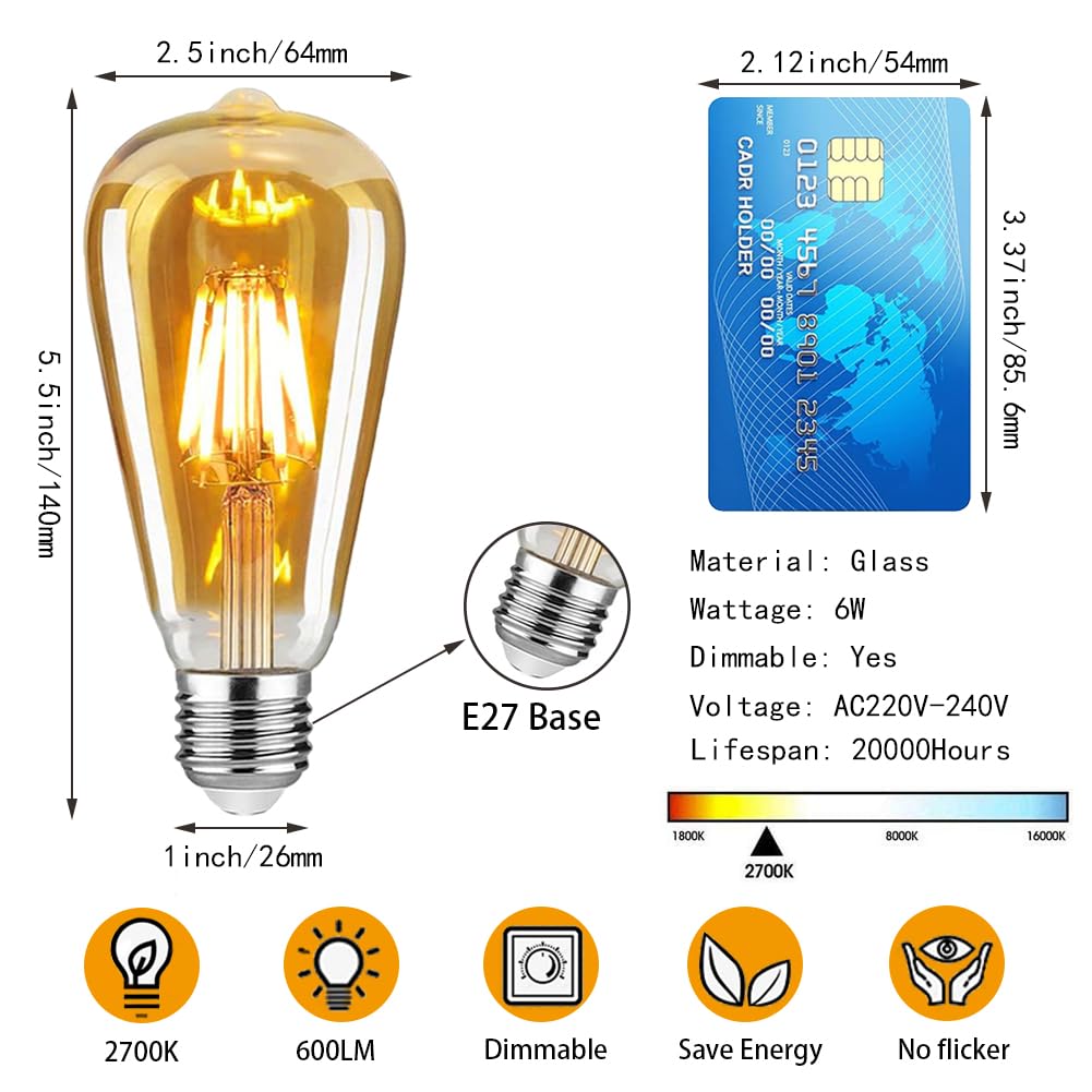 Woowtt 6W Vintage E27 Edison LED Bulb - Dimmable Filament, 600LM 2700K Warm White Decorative Light, Pack of 2 - Image 2