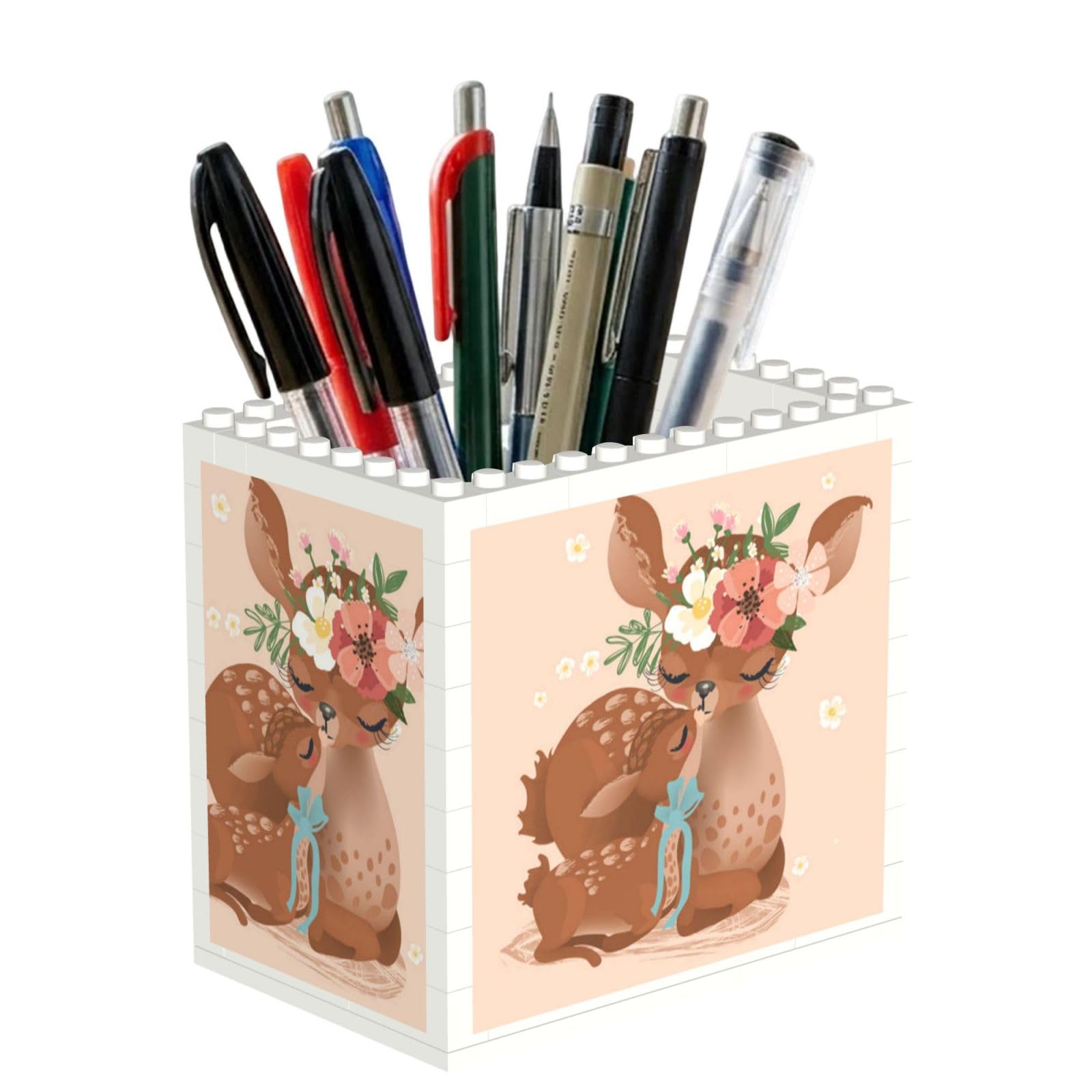 SATUSA Cute Deer In Flowers Print Building Block Texture Pen Holder - Pencil Holder For Desk Pen Organizer,Aesthetic Desk Accessories For Women(1pcs)