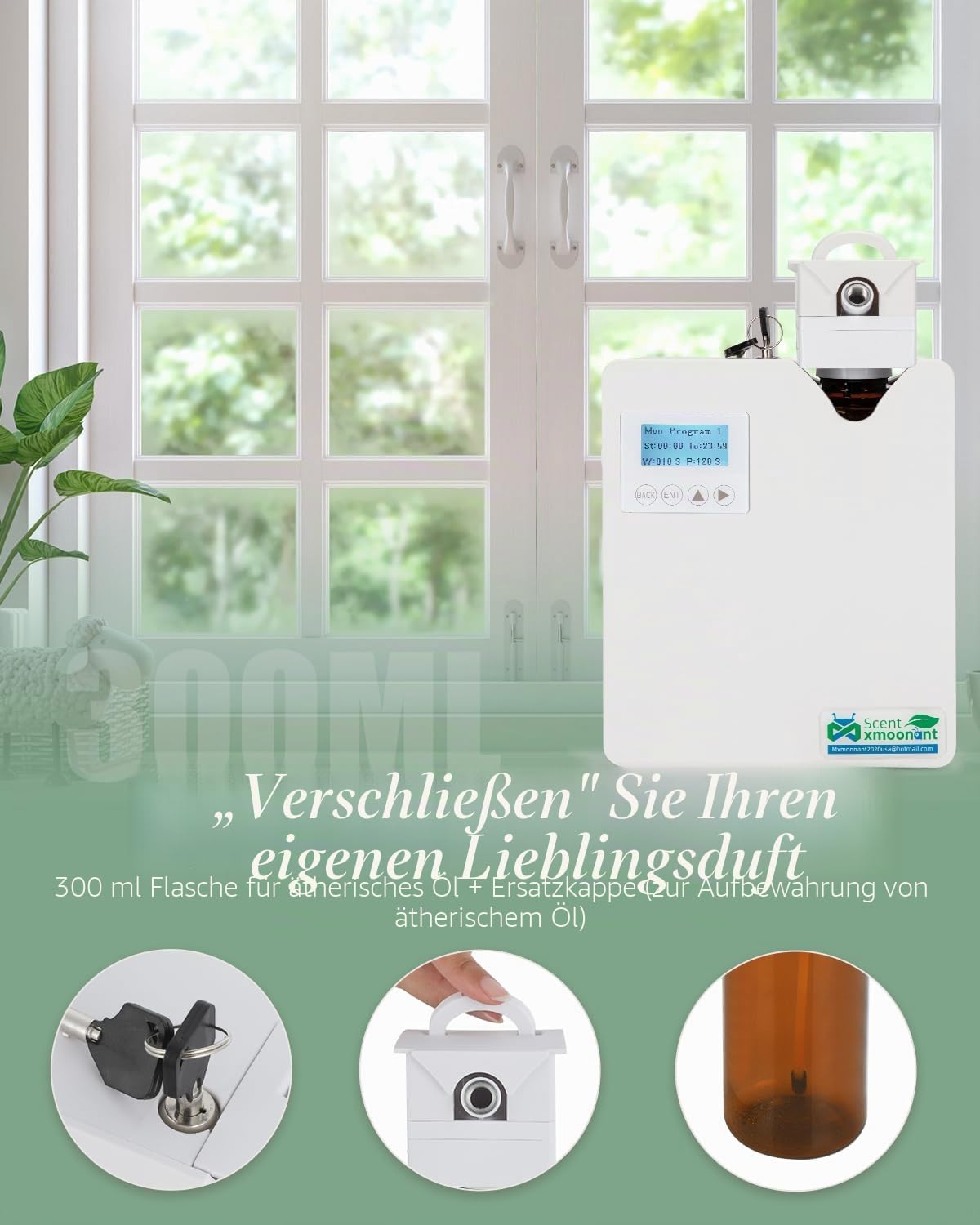 Mxmoonant Aroma Diffuser für Wasserlose Ätherische Öle, Bedeckung 80-120㎡, 300ml Ölflasche, Wandhalterung, App-Steuerung&Timer, HVAC Anschließbar, für Große Räume, Hotel | App & Timer Steuerung, HVAC-kompatibel,Große LCD-Anzeige, für Hotels & große Räume