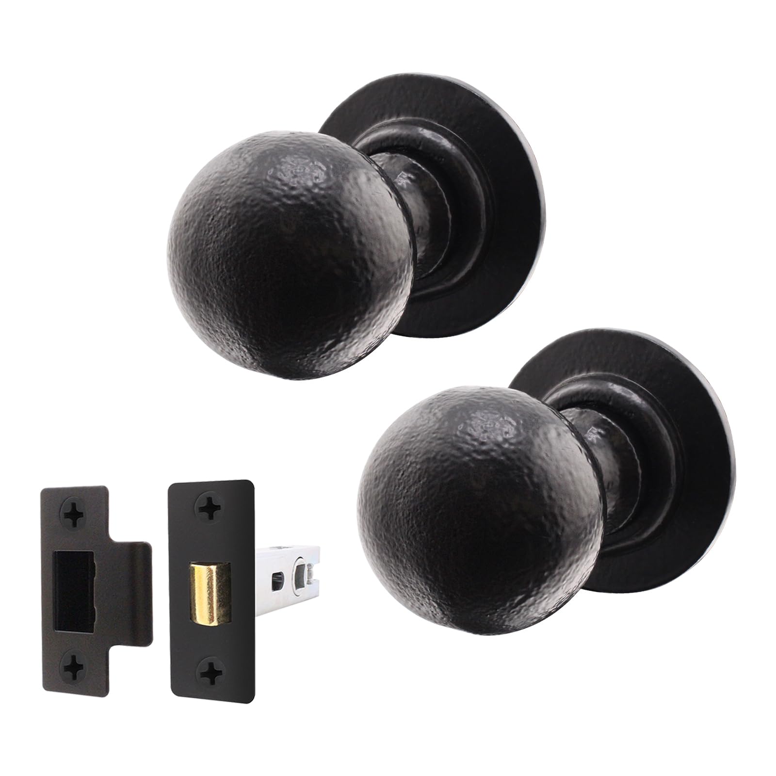 Eai Black Iron Door Knob Set - 1 Pair Of Cast Iron Antique Ball Mortice Knobs & Latch (76Mm)