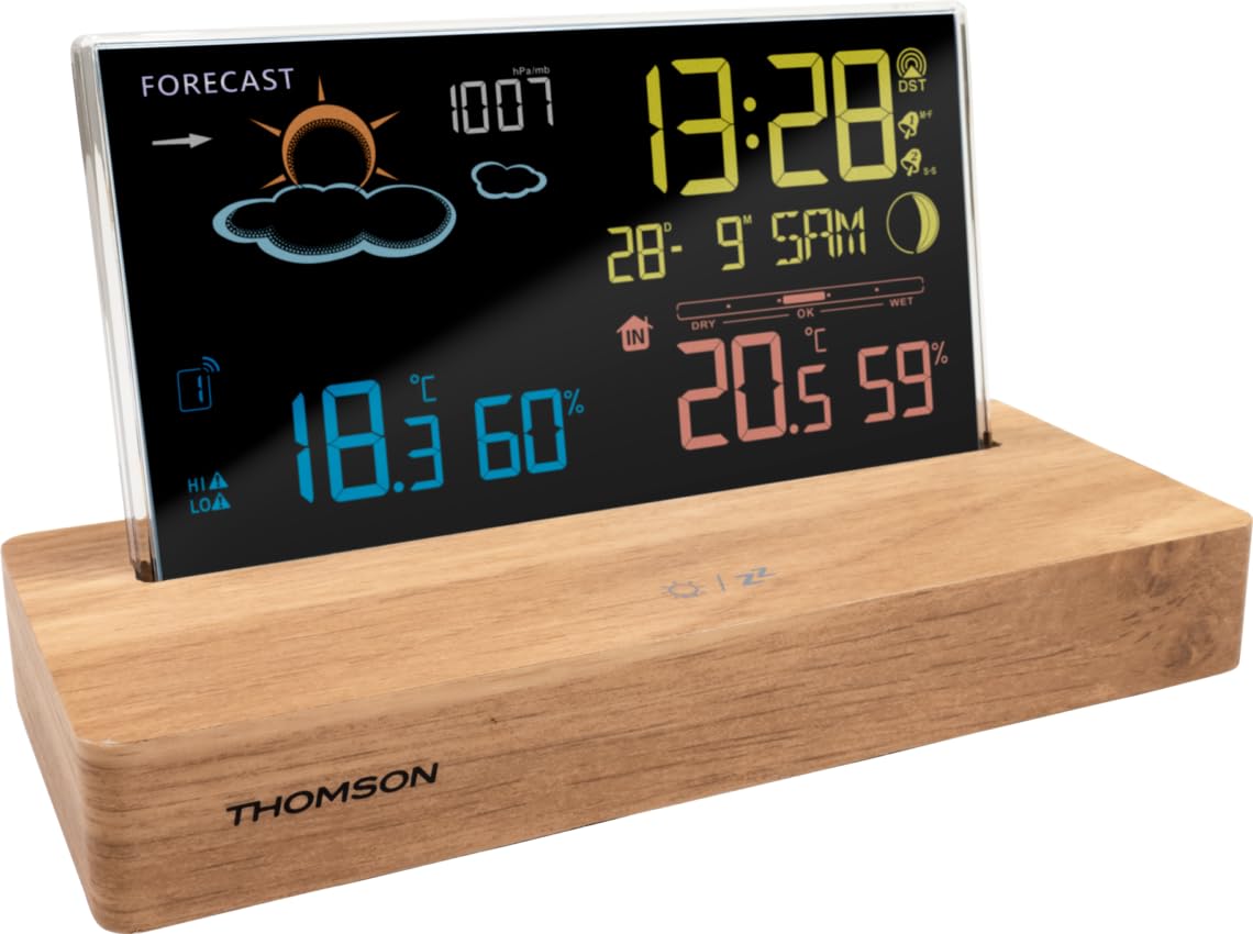 Réveil station météo - THOMSON - Bois foncé - Affichage température, Hygrométrie, Double alarme, USB-C, Sonde sans fil
