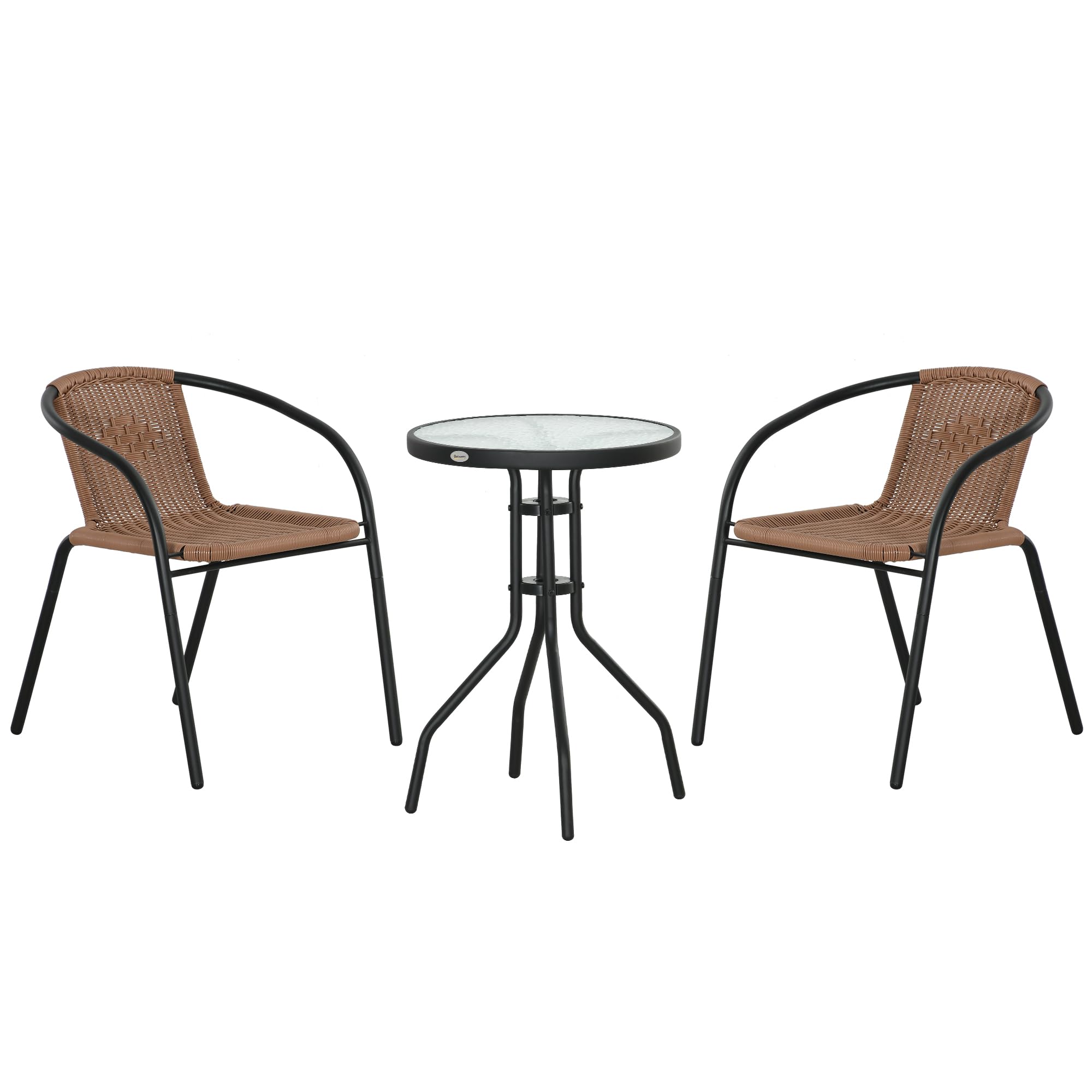 Outsunny Conjunto de Muebles de Jardín Juego de 3 Piezas Sillas y Mesa de Ratán con 2 Sillas Apilables y 1 Mesa de Centro Redonda para Terraza Césped Balcón Marrón
